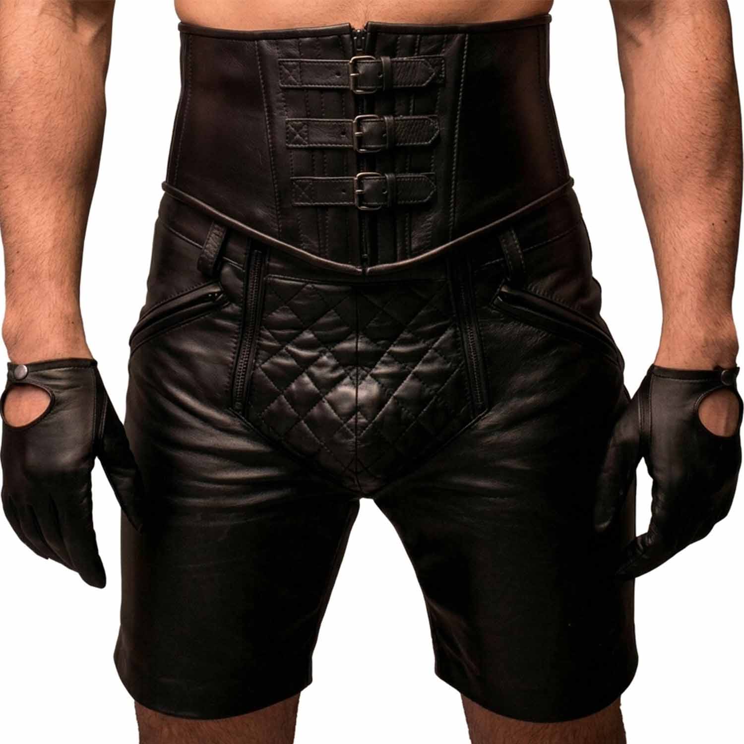 Front view of men's black real cow leather clubwear shorts showcasing high buckled corset waistband, diamond quilted crotch panel, and zipped pockets.