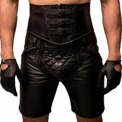 Front view of men's black real cow leather clubwear shorts showcasing high buckled corset waistband, diamond quilted crotch panel, and zipped pockets.