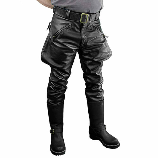 Front view of men's black real cowhide leather breeches styled with tall boots and belt