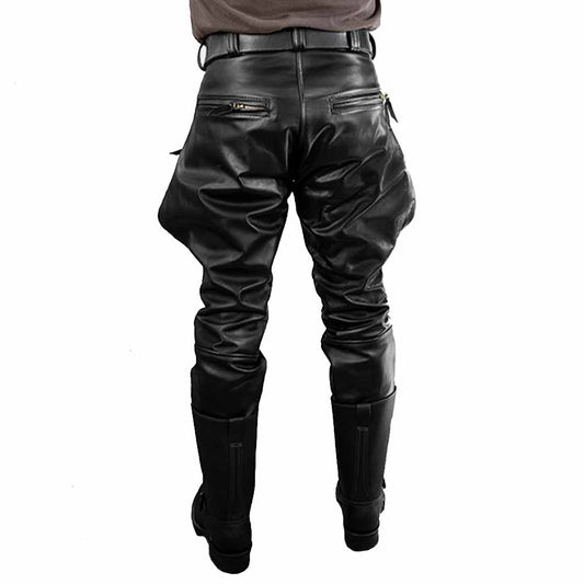 Back view of men's black leather BLUF breeches showing zippered back pockets and tapered lower legs