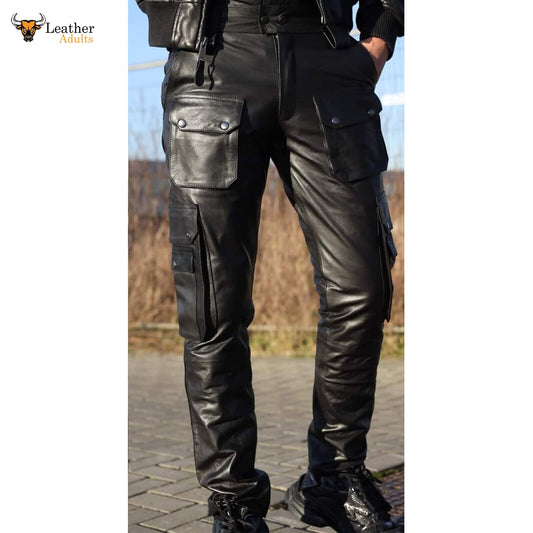 Men's Real Cowhide Leather Cargo Pants Bikers Pants With Multiple Cargo Pockets