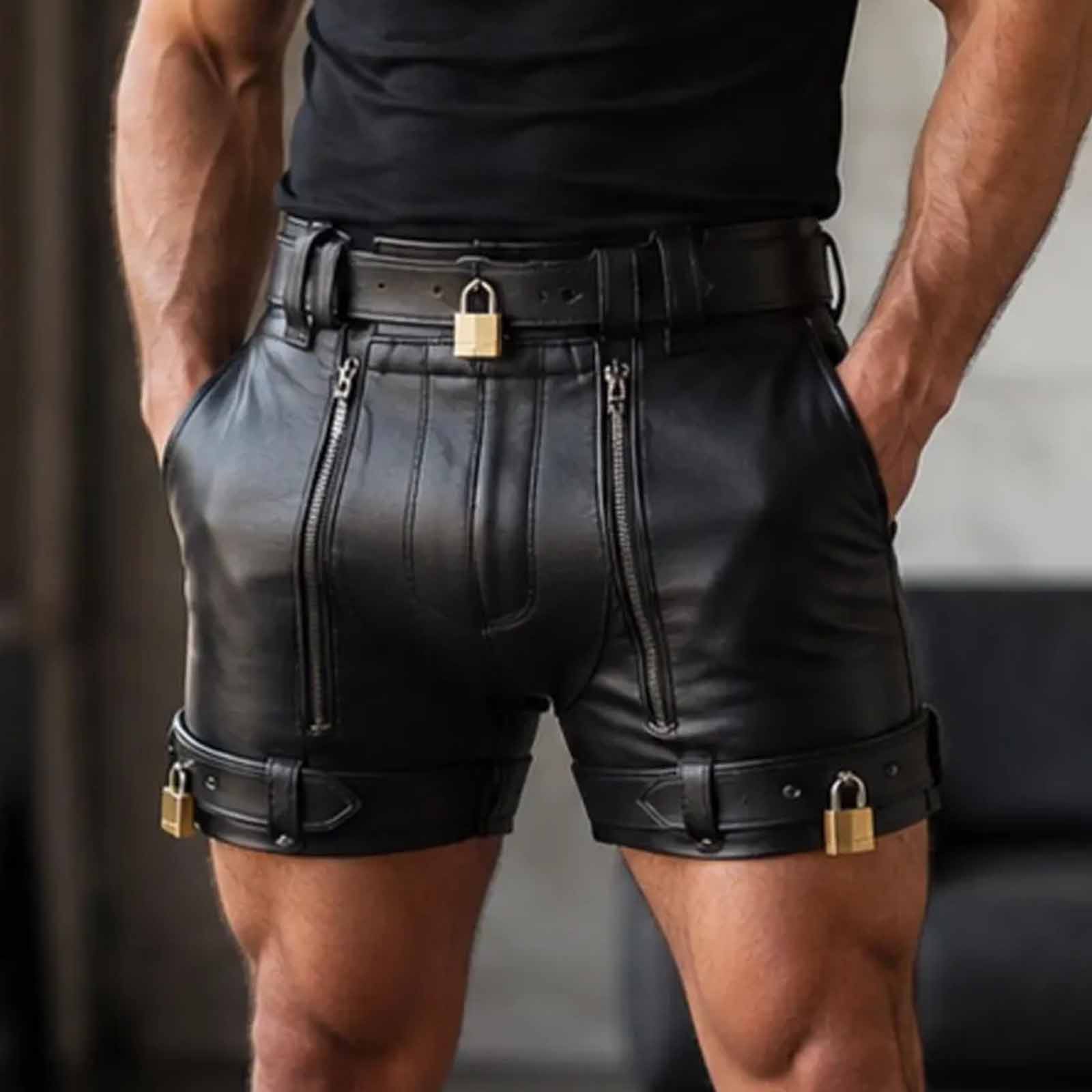 Front view close-up of a man wearing black real cowhide leather chastity shorts featuring dual front zips, a lockable waist belt, and lockable thigh straps with brass padlocks.