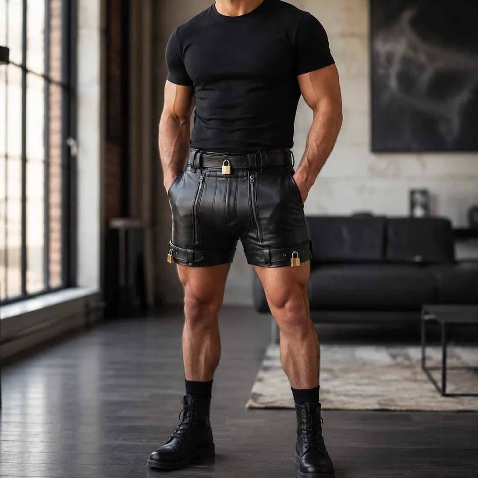 Full-length studio shot of a man wearing black cowhide leather lockable shorts paired with black combat boots and a fitted tee.