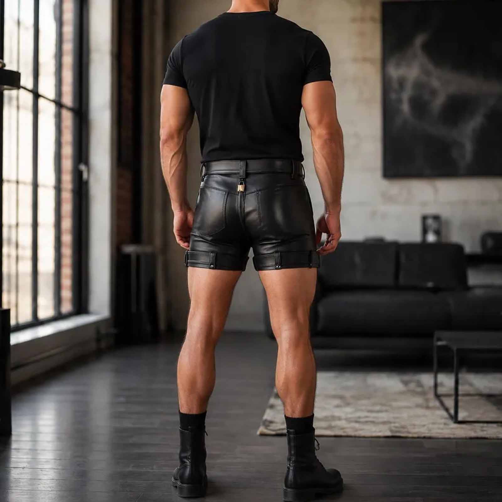 Full rear view of a model in black real leather double-zip shorts showcasing the back zipper closure and tailored fit.