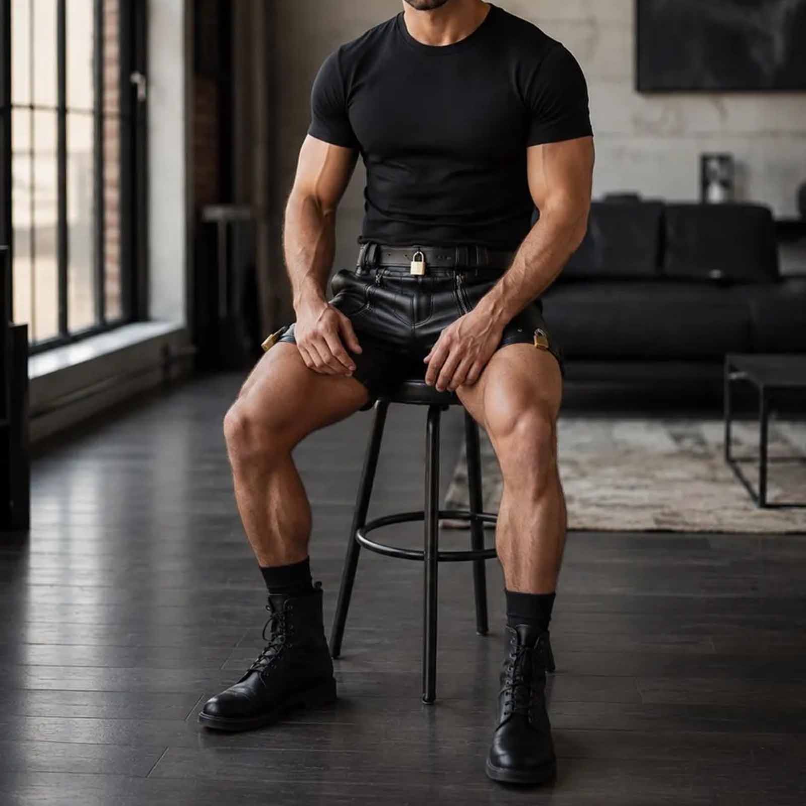Seated view of a model wearing men's black leather chastity shorts highlighting the thigh straps, brass locks, and flexible leather movement.
