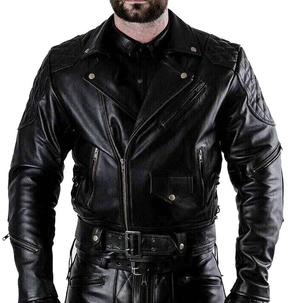Men's Real Cowhide Leather Quilted Panels Bikers Jacket Thick Cow Leather BLUF Bikers Jacket