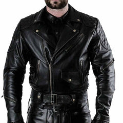 Men's Real Cowhide Leather Quilted Panels Bikers Jacket Thick Cow Leather BLUF Bikers Jacket
