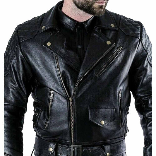 Men's Real Cowhide Leather Quilted Panels Bikers Jacket Thick Cow Leather BLUF Bikers Jacket