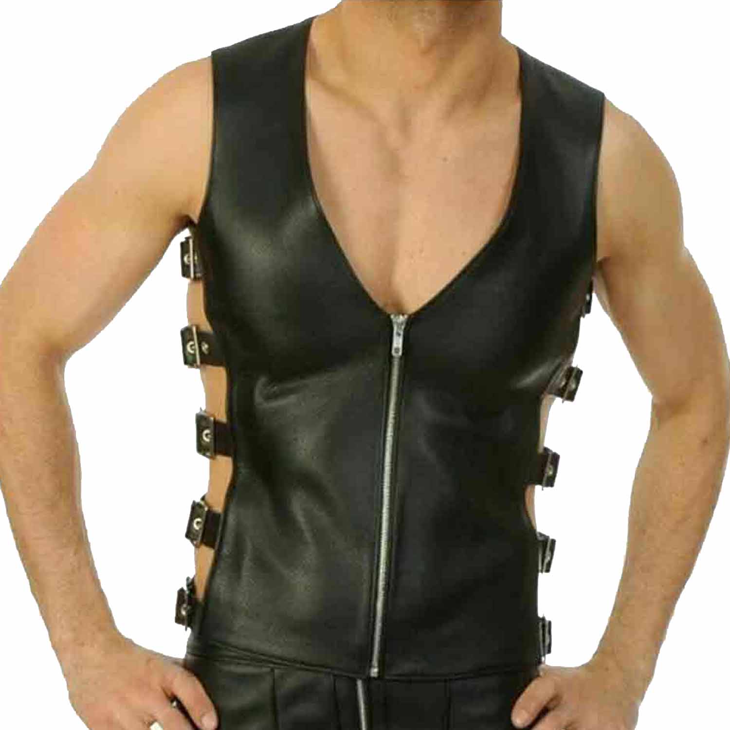 Front view of men's black real cowhide leather vest with deep V-neck and front zipper