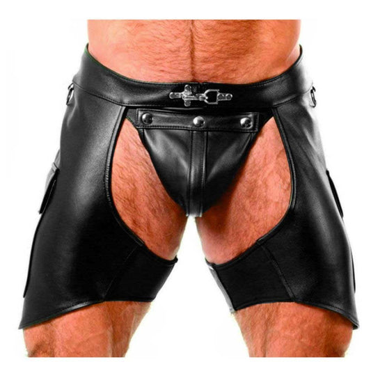 Men's Real Leather Chaps Shorts Cargo Pockets Bikers Chaps With Jockstrap