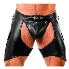 Men's Real Leather Chaps Shorts Cargo Pockets Bikers Chaps With Jockstrap