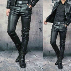 Men's Real Leather Slim Fit Bikers Pants Side and Front Laces Up Bikers Pants Trousers