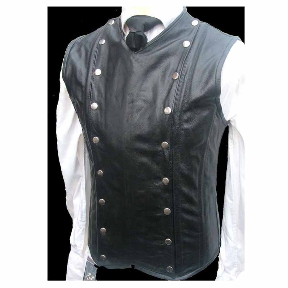 Front view of men's black genuine leather steampunk corset vest styled with a double-breasted silver stud facade over a white dress shirt.