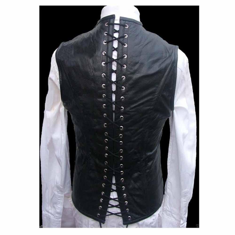 Rear view of men's steel boned victorian leather waistcoat showing full-length black cord lacing through silver grommets for a cinched fit.