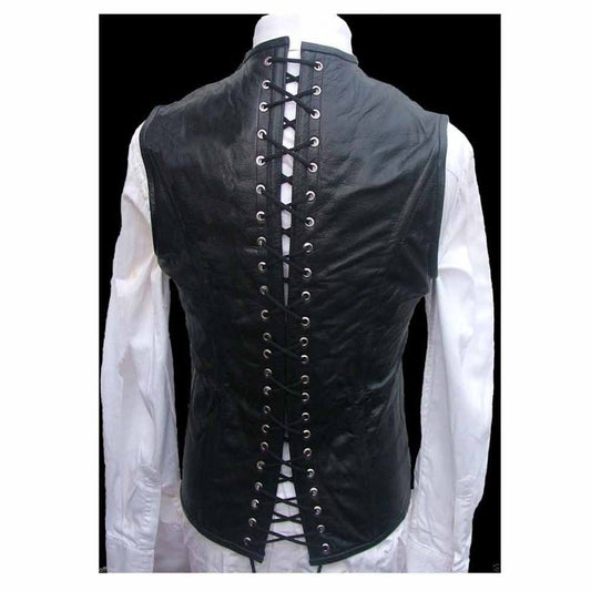 Rear view of men's steel boned victorian leather waistcoat showing full-length black cord lacing through silver grommets for a cinched fit.