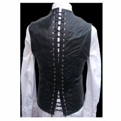 Rear view of men's steel boned victorian leather waistcoat showing full-length black cord lacing through silver grommets for a cinched fit.