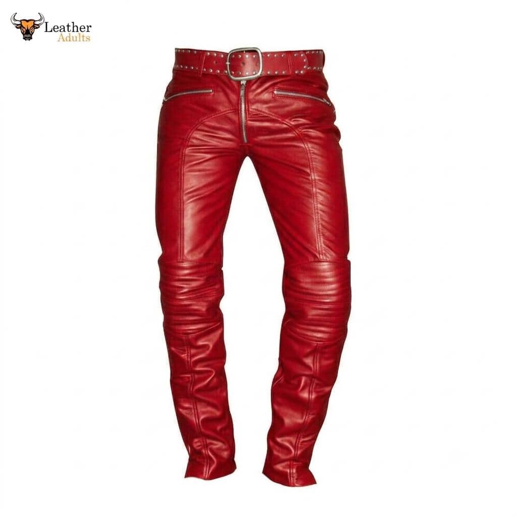 Red leather motorcycle pants with a front zipper, side zip pockets, and a matching red leather belt with silver studs, shown on a white background with a Leather Outlet logo in the top-left corner.