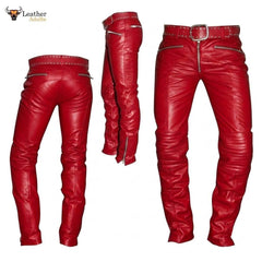 Men's Real Red Cowhide Leather Quilted Panels Slim Fit Trousers Pants Bikers Jeans Lederhosen