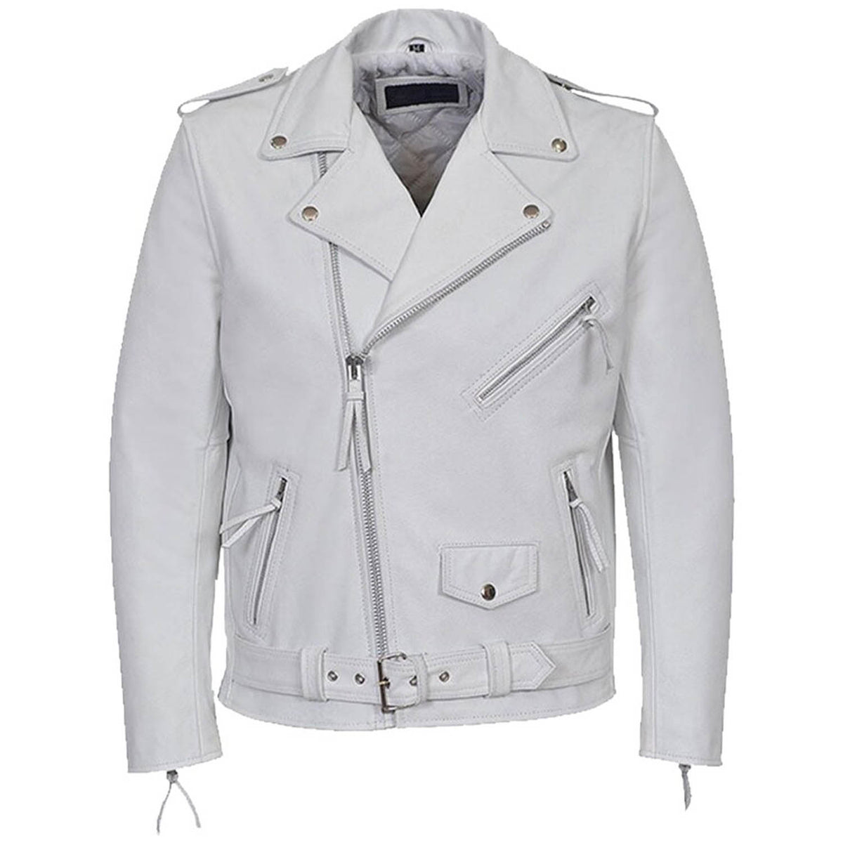 A light gray cow leather motorcycle jacket with silver-tone hardware, featuring an asymmetrical zipper, zippered chest pocket, flap pockets, and a belted waist, shown against a plain white background.