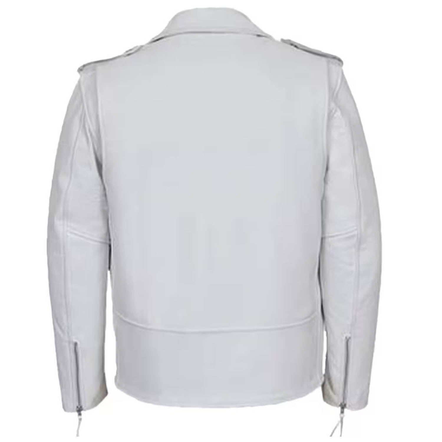 A light gray cow leather biker jacket shown from the back, featuring shoulder epaulets and zippered sleeve cuffs, on a solid white background.