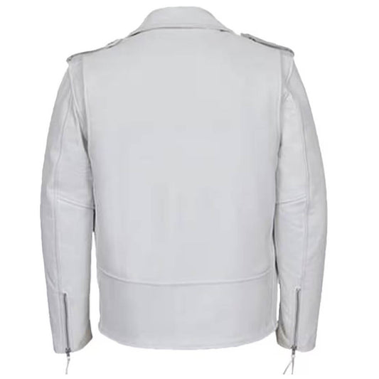 A light gray cow leather biker jacket shown from the back, featuring shoulder epaulets and zippered sleeve cuffs, on a solid white background.