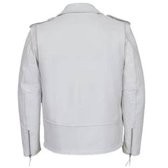 A light gray cow leather biker jacket shown from the back, featuring shoulder epaulets and zippered sleeve cuffs, on a solid white background.