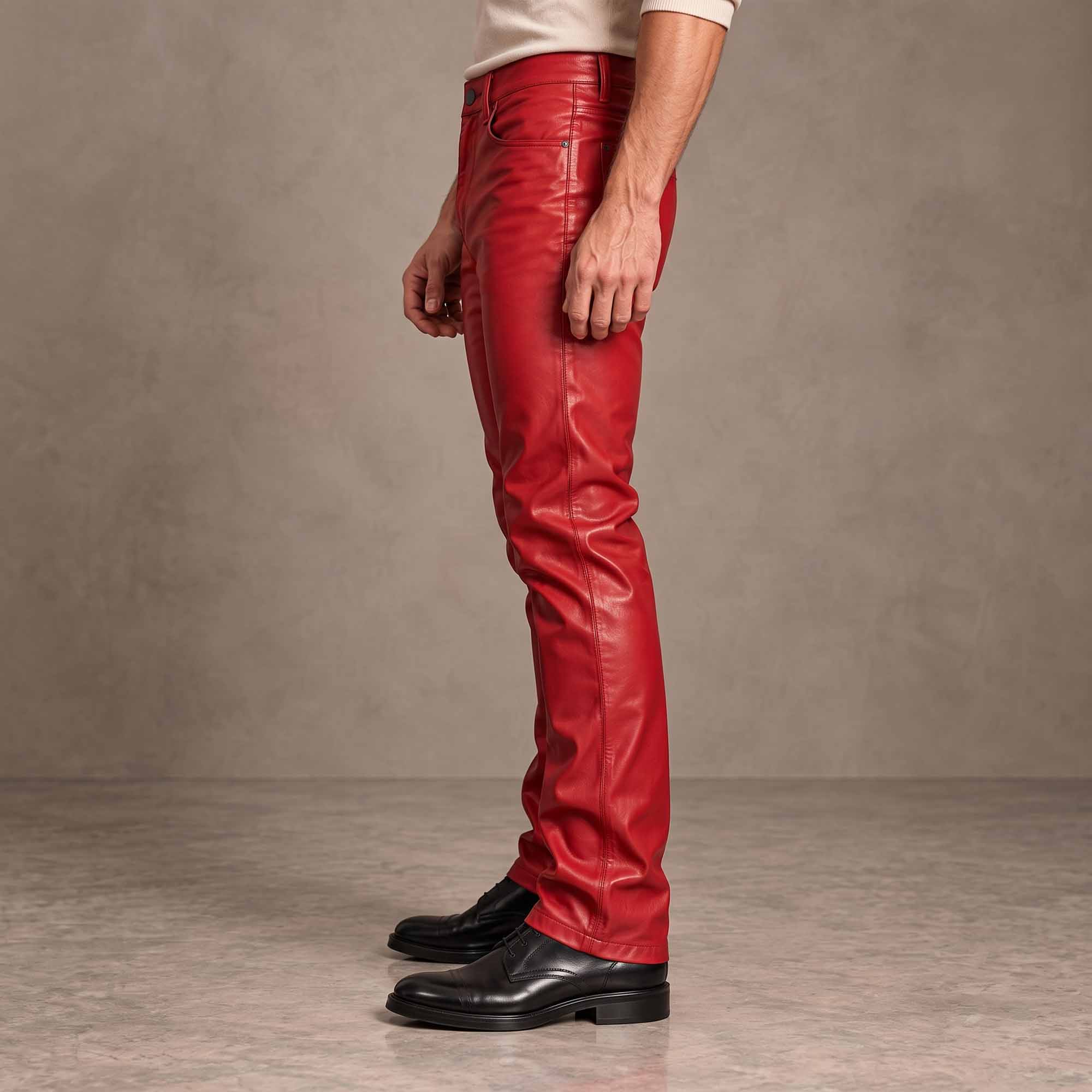 Side profile showcasing the clean thigh fit and bootcut hem drape of men's handcrafted red genuine leather trousers