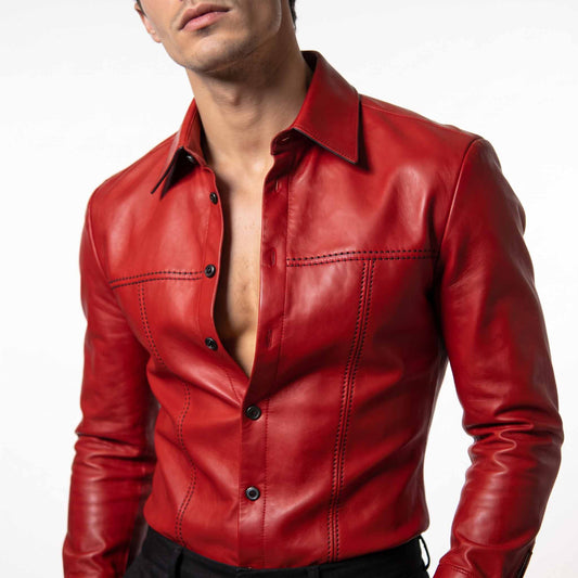 Front three quarter torso shot of man wearing handmade red cowhide leather slim fit shirt with contrast stitching and fold down collar