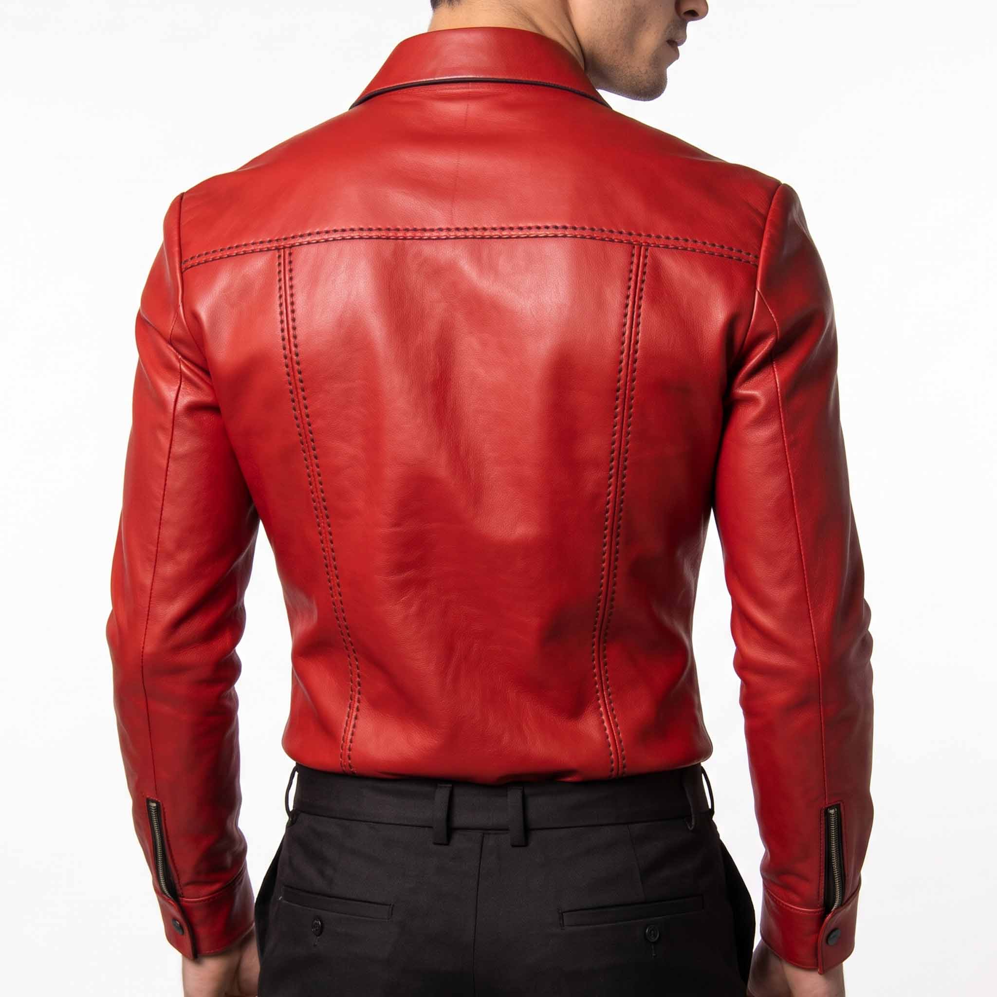 Direct rear view of man modeling red leather biker overshirt showing horizontal back yoke stitching and zippered wrist cuffs