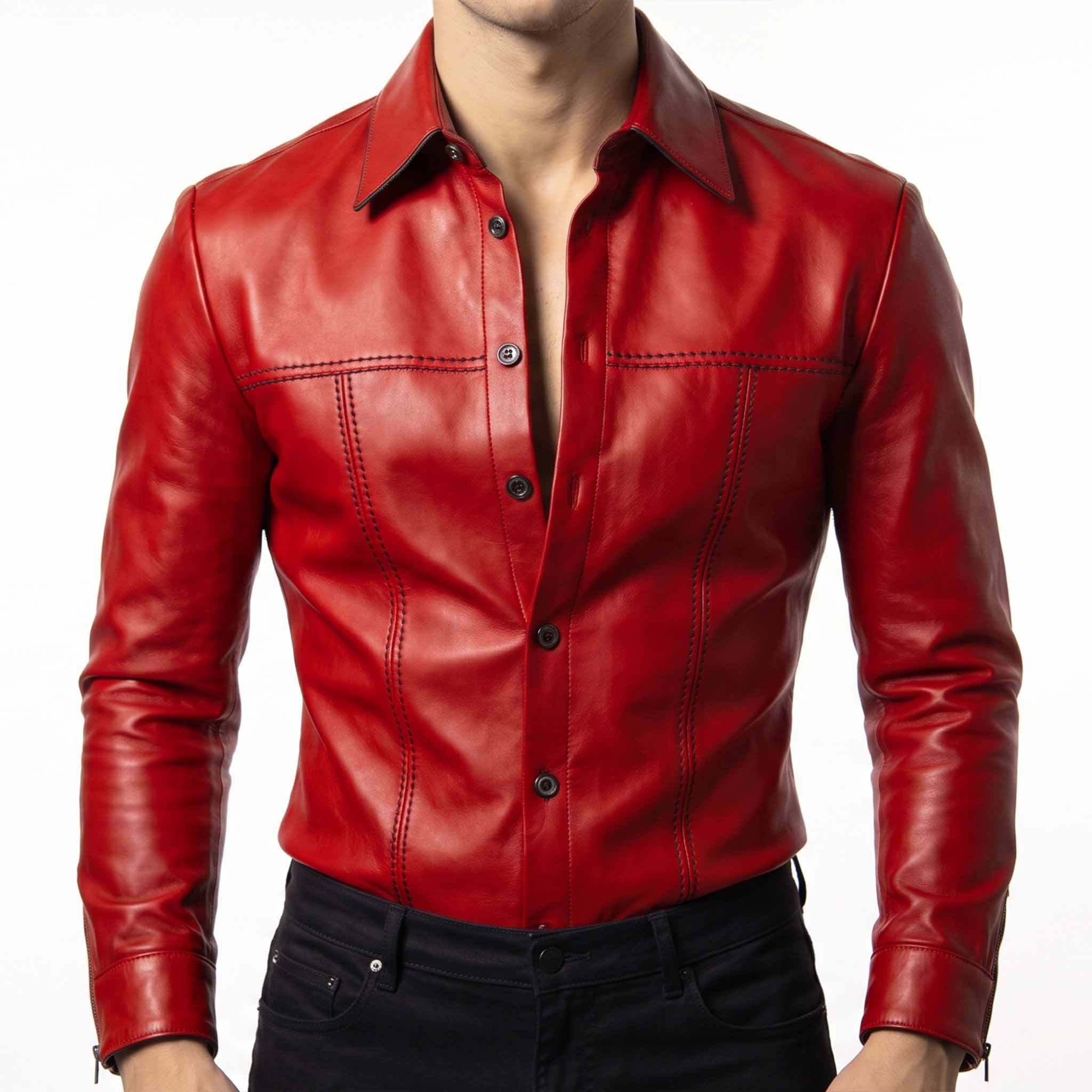 Front view of male model in tailored crimson red genuine leather shirt with button placket paired with black dress trousers