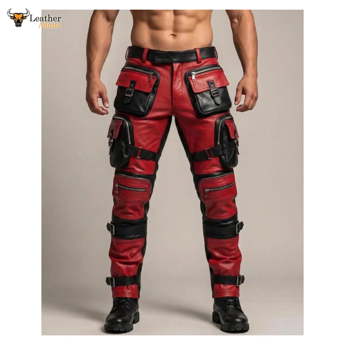 Red and black faux leather cargo pants with multiple utility pockets and straps, shown on a male model from the waist down against a neutral studio background.