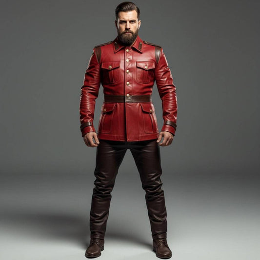 Full length front view of bearded man wearing handmade red and brown leather military uniform jacket and dark brown pants on grey background