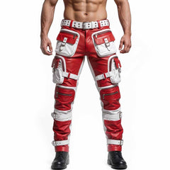 Men's Red & White Leather Tactical Biker Trousers