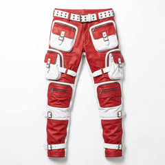 Men's Red & White Leather Tactical Biker Trousers
