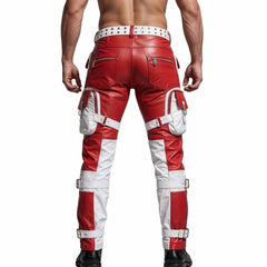 Men's Red & White Leather Tactical Biker Trousers