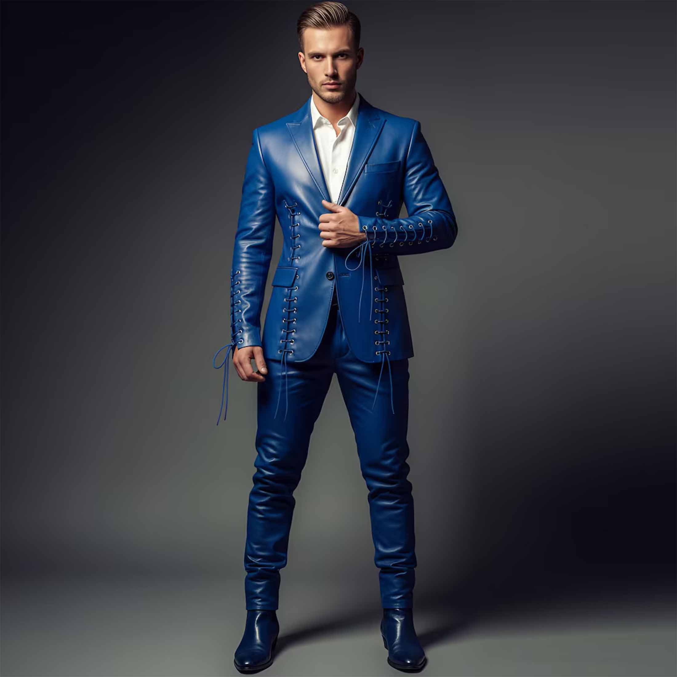 Full length front view of handsome man wearing handmade luxury royal blue leather suit with lace-up blazer and matching slim pants on grey studio background