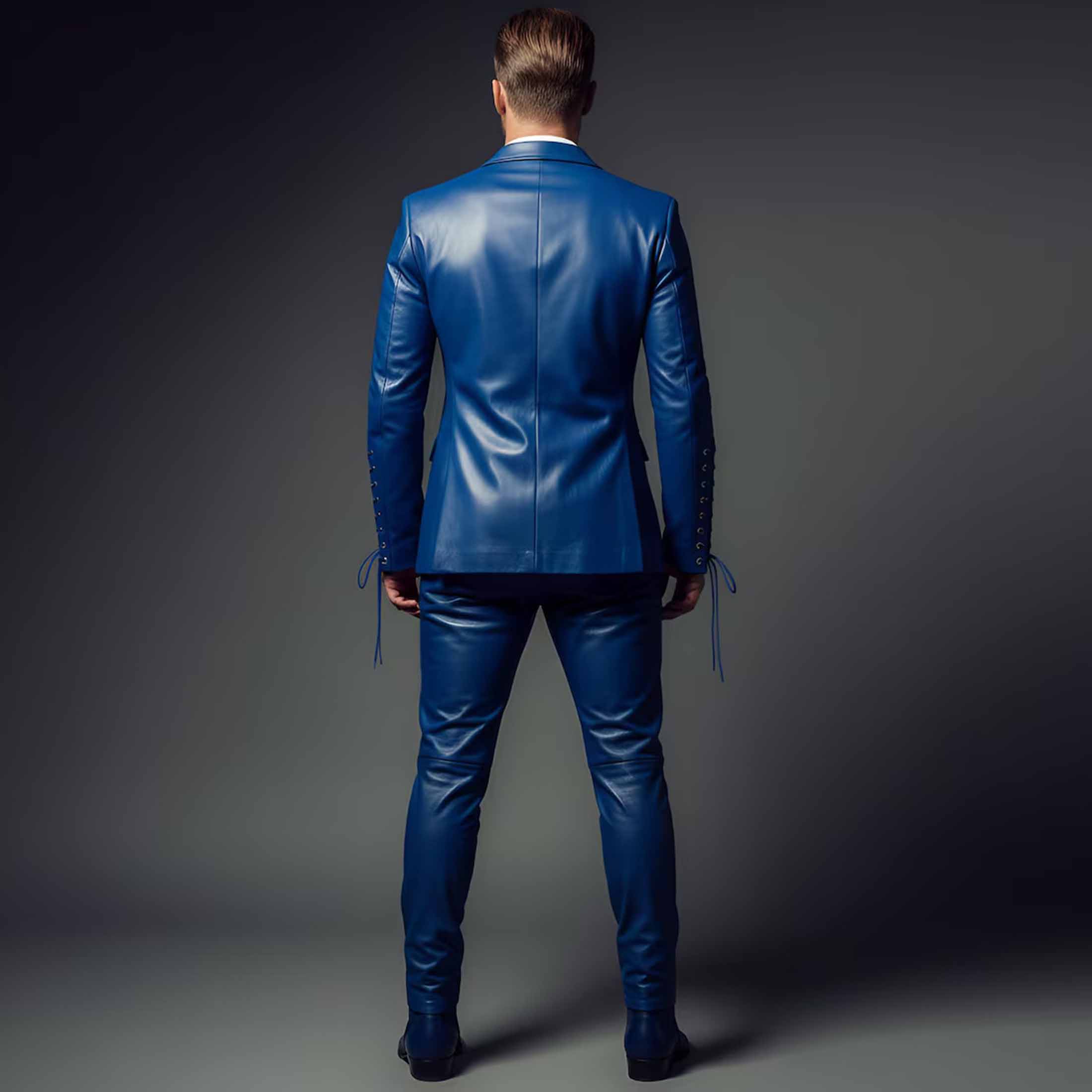 Rear full body view of mens tailored royal blue leather suit showing structured shoulder lines and slim fit trousers