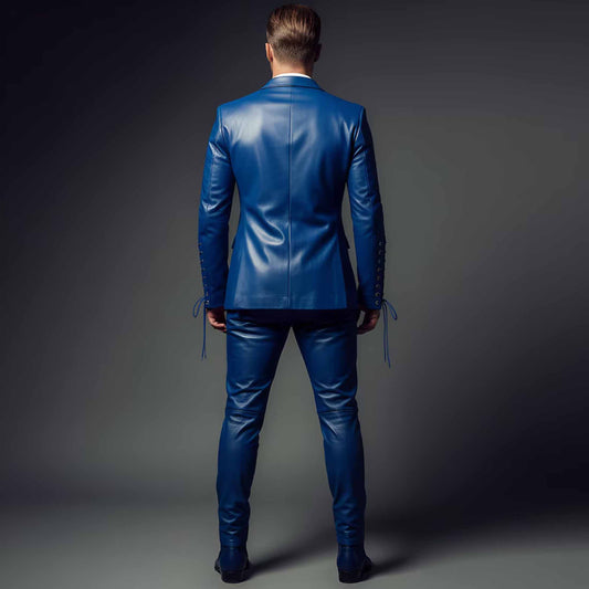 Rear full body view of mens tailored royal blue leather suit showing structured shoulder lines and slim fit trousers