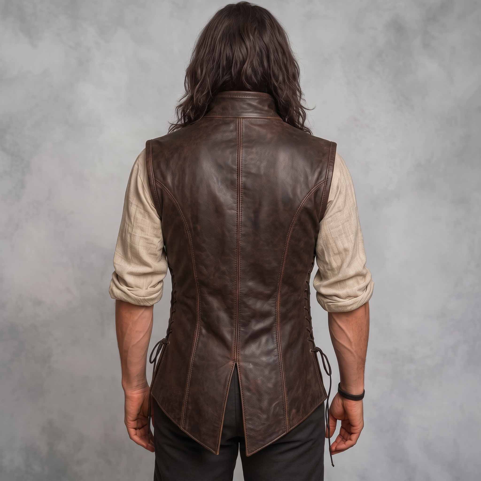 Rear studio shot of man wearing distressed brown leather medieval vest demonstrating tailored back lines and flared peplum skirt
