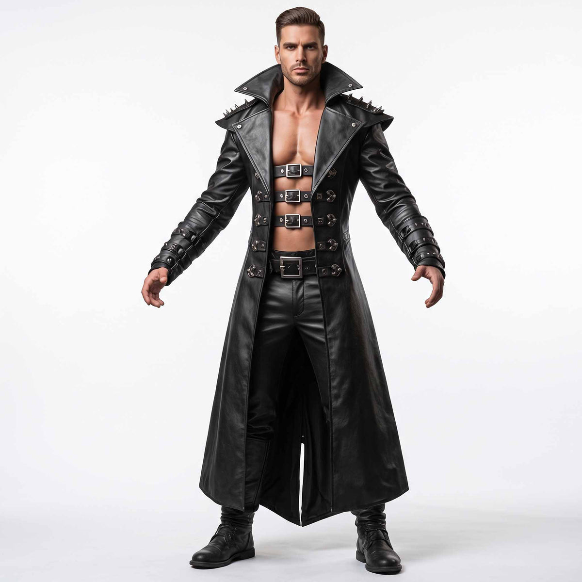 Full length front view of muscular man wearing handmade black cowhide leather gothic trench coat with spiked shoulders and triple chest buckle straps