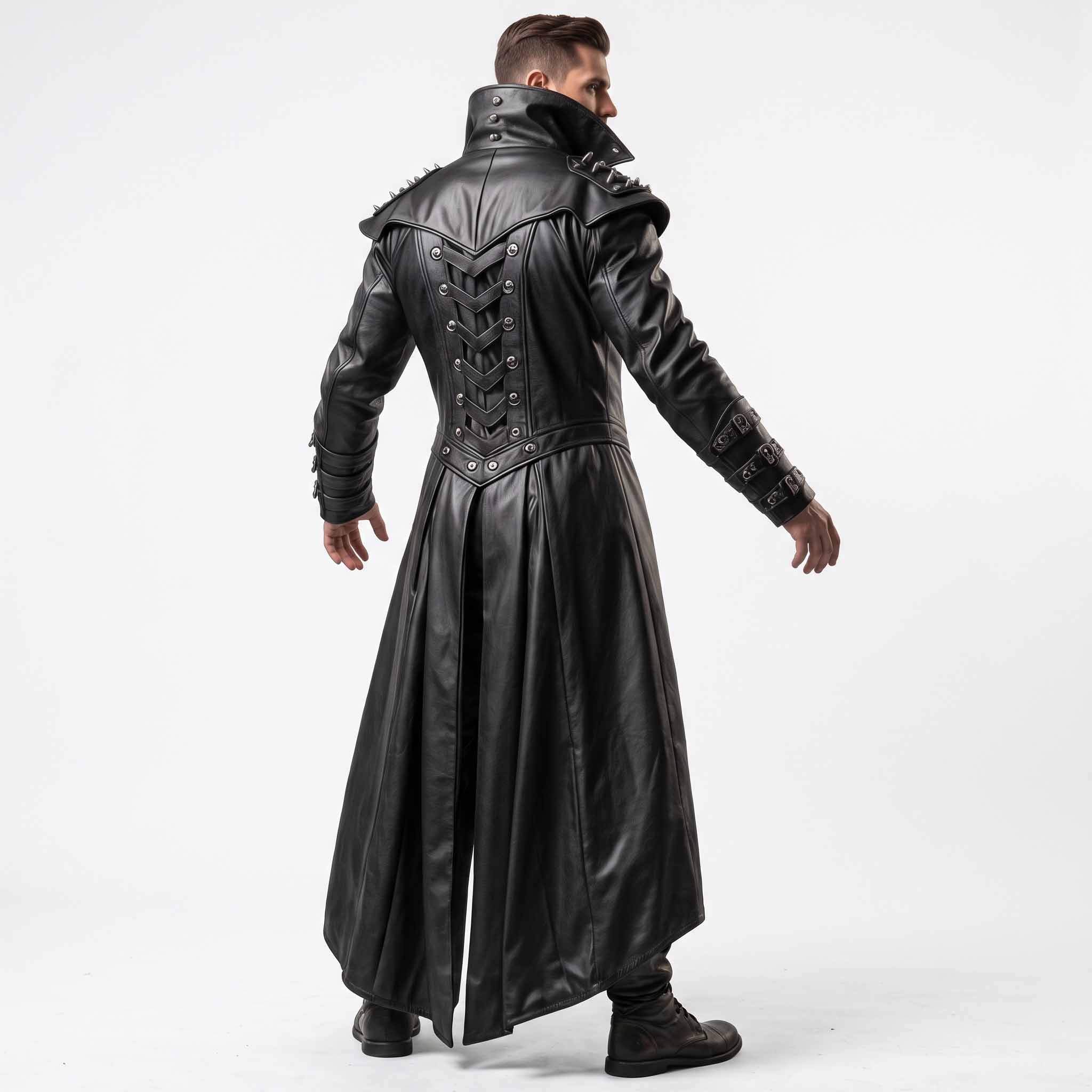 Back three quarter perspective of man modeling black leather steampunk duster showing high stand collar, metal spiked shoulder cape, and rear spine cord lacing