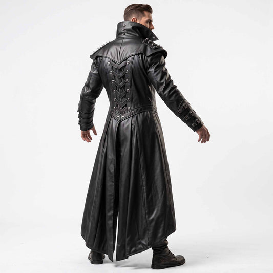Back three quarter perspective of man modeling black leather steampunk duster showing high stand collar, metal spiked shoulder cape, and rear spine cord lacing