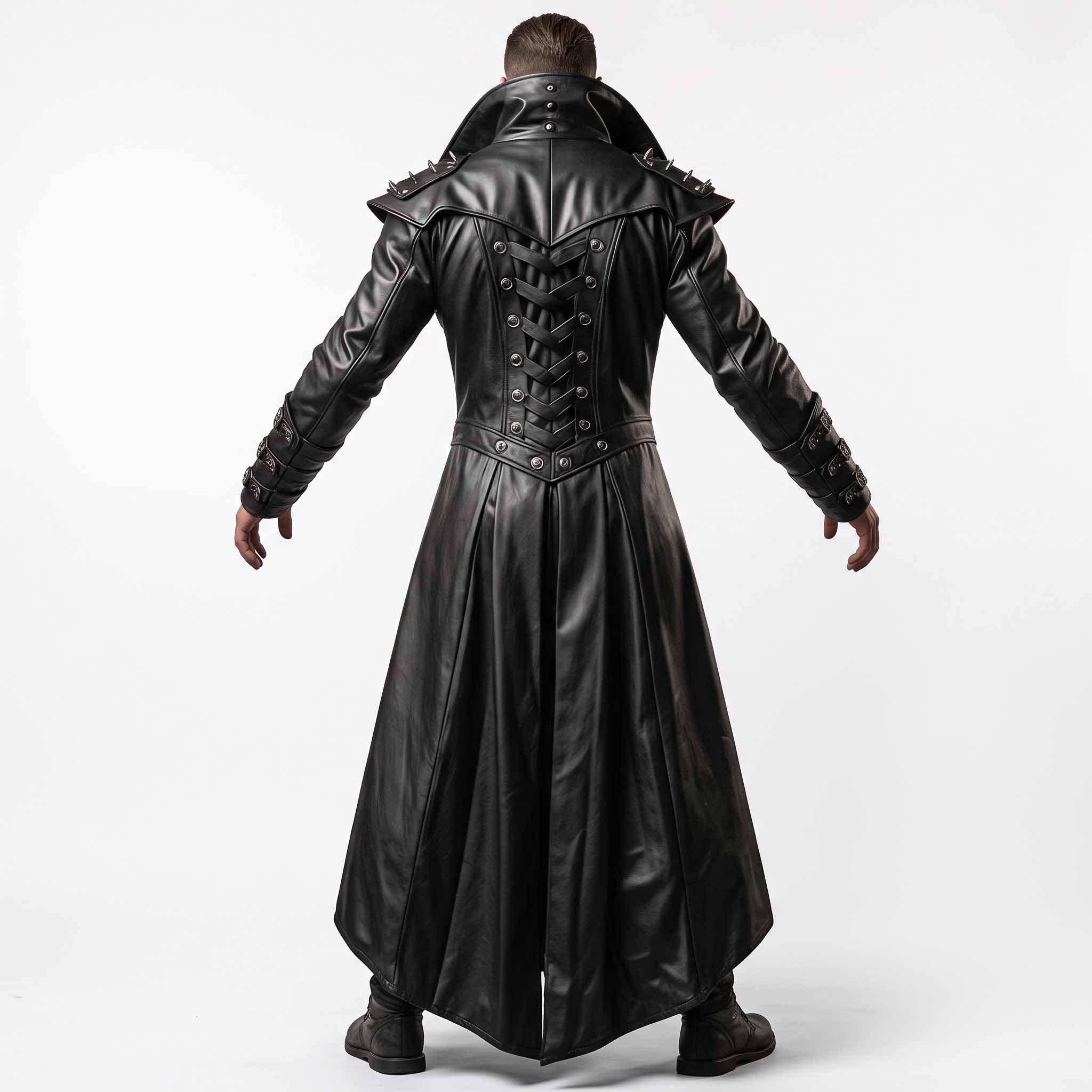 Rear full length studio view of mens black genuine leather gothic overcoat highlighting spiked pauldrons, corset eyelet spine lacing, and pleated sweeping duster skirt