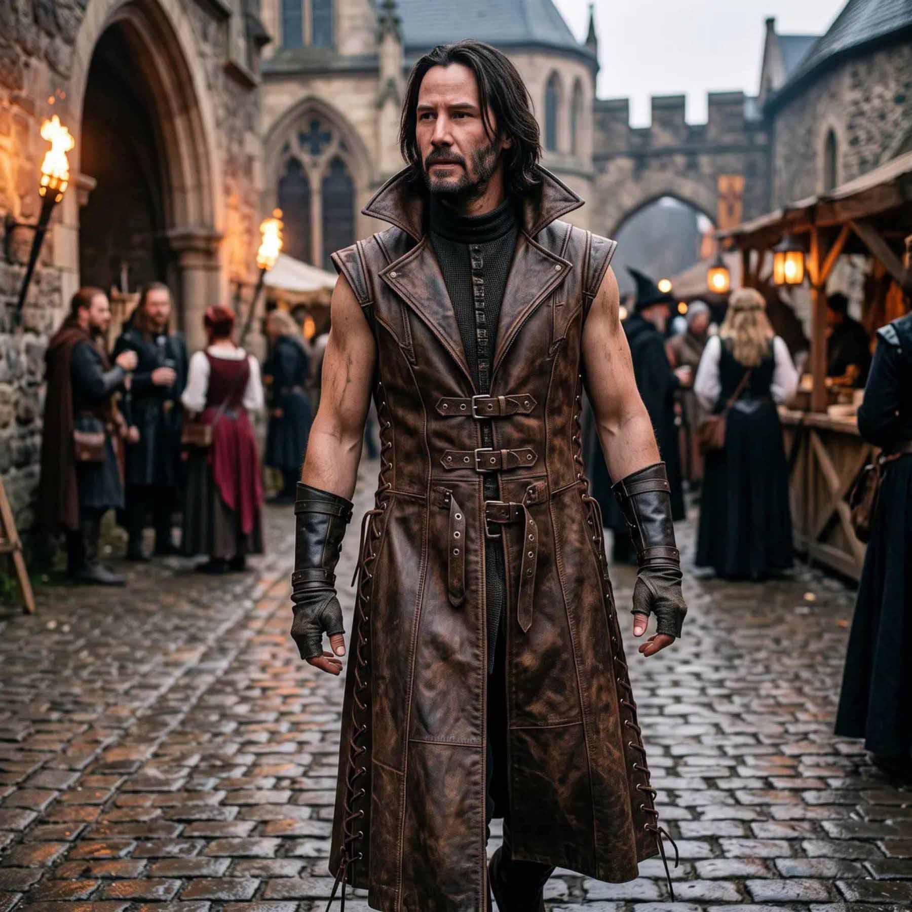Front full length view of dark fantasy warrior standing in stone courtyard wearing weathered brown cowhide leather long jerkin coat with peaked collar