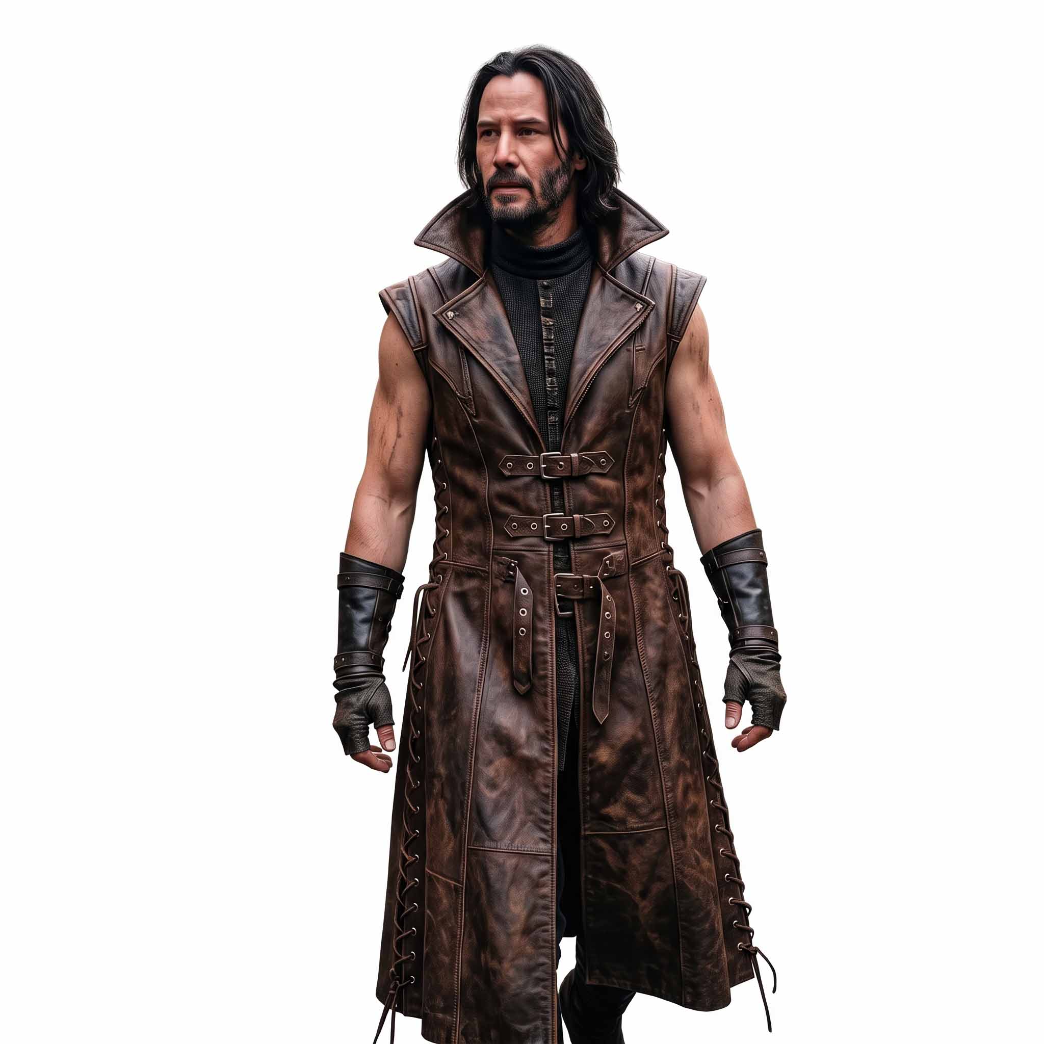 Full front studio portrait on white background of dark fantasy mercenary wearing handmade distressed brown leather sleeveless jerkin with high collar