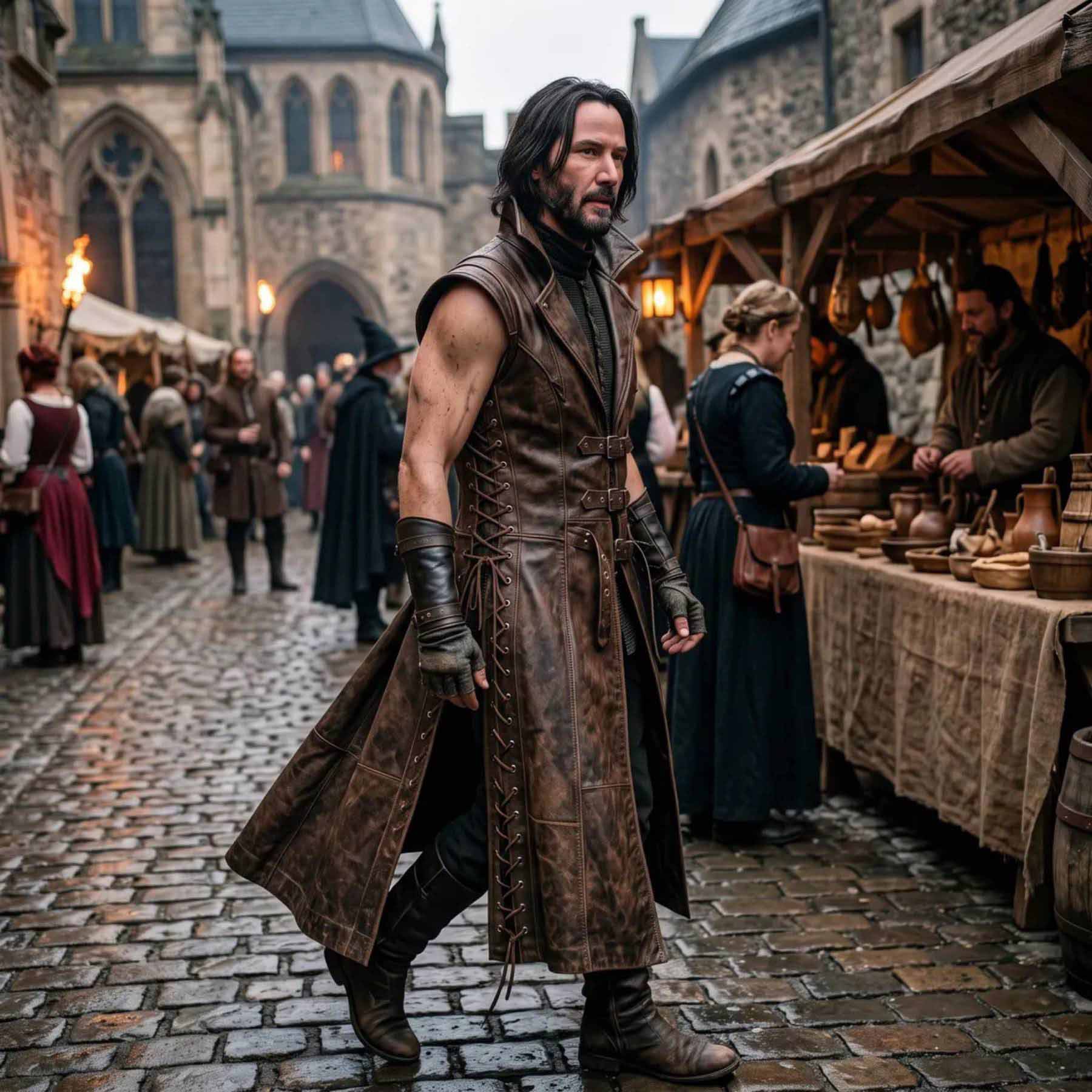 Man walking along cobblestone medieval market street wearing handcrafted weathered brown leather sleeveless long vest with side lacing and front buckles