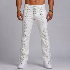 Front full-length shot of model wearing men's white genuine cowhide leather pants featuring front lace-up fly ties and straight-leg fit.