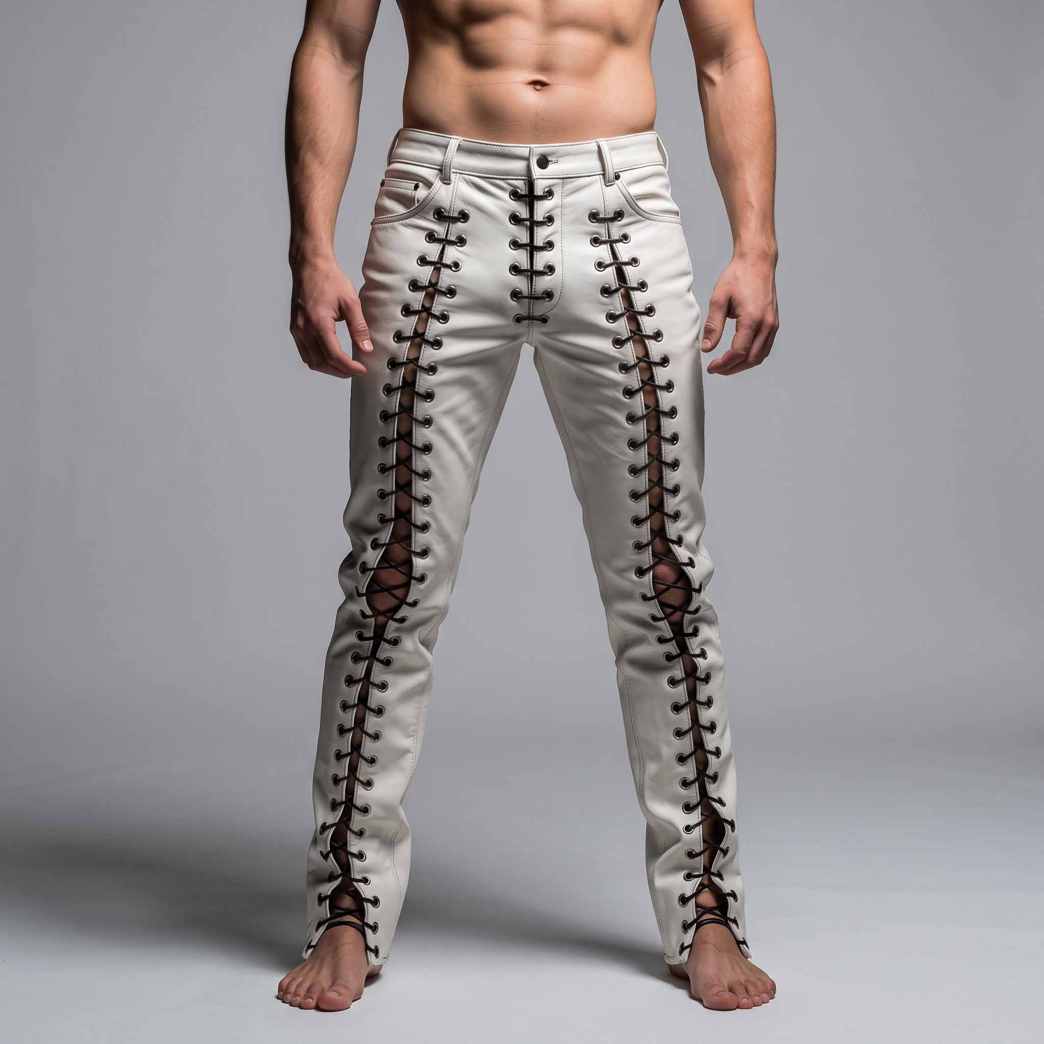 Full length front view of athletic man wearing handmade white genuine cowhide leather lace up pants with black cord eyelet lacing on grey background