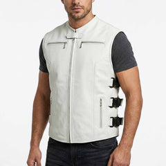 Model wearing men's white top-grain leather tactical SWAT biker vest with side buckles