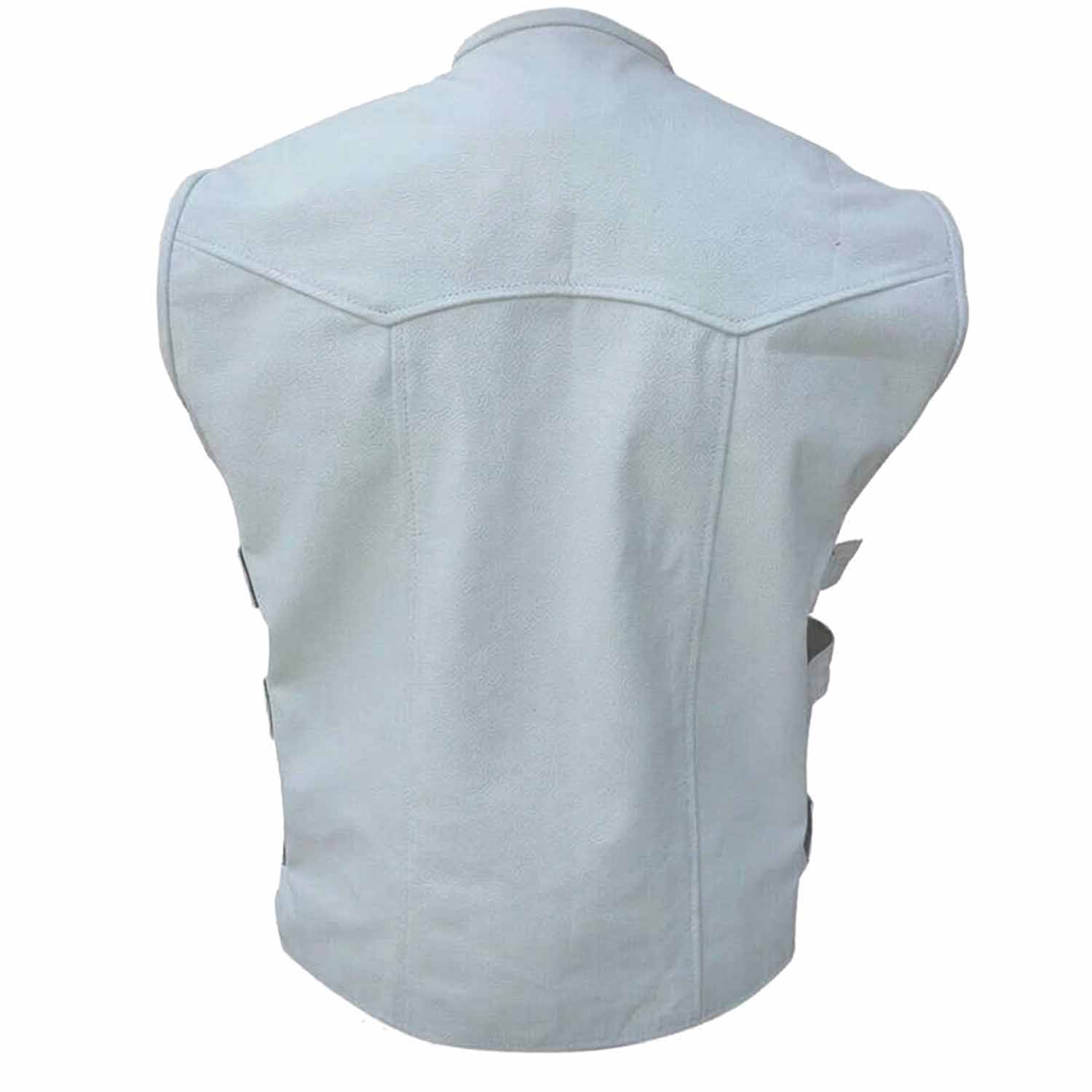 Back view of solid white real cowhide leather motorcycle vest showing clean patch-ready panel